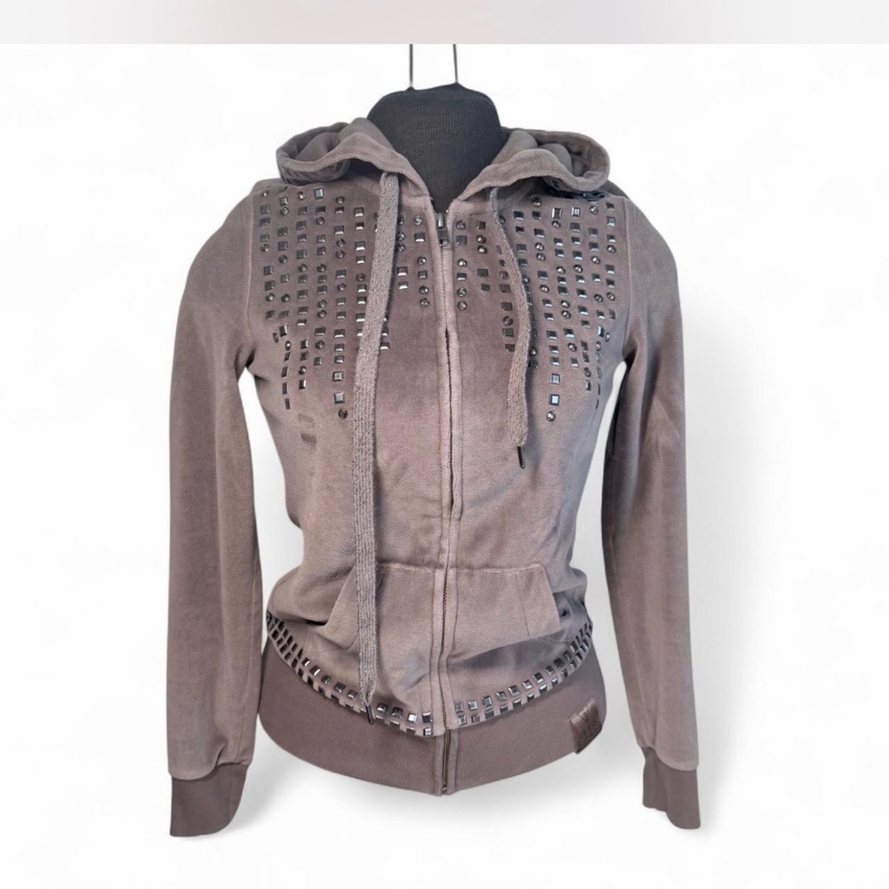 GUESS Velour Studded Zip Hoodie Y2K Taupe Brown Glam